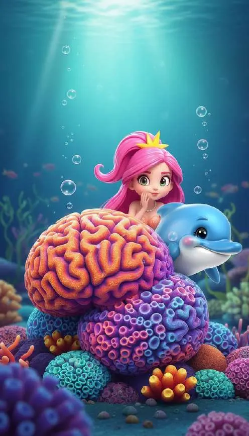 Elena y Serafín asoman con cuidado desde detrás de un coral gigante de colores
