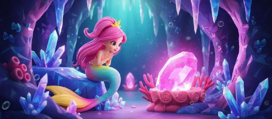 Una gema irisada del tamaño de una pelota brilla sobre un pedestal de coral rosa dentro de una cueva