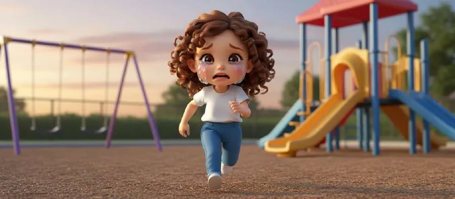 Sofía corre llorando por el patio del colegio, con los columpios y el tobogán al fondo