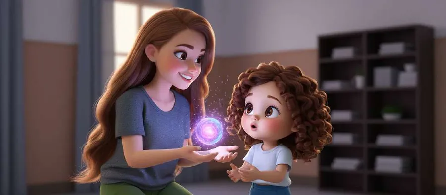 La madre de Sofía se agacha frente a ella y le muestra un botón de pausa brillante en la palma de la mano