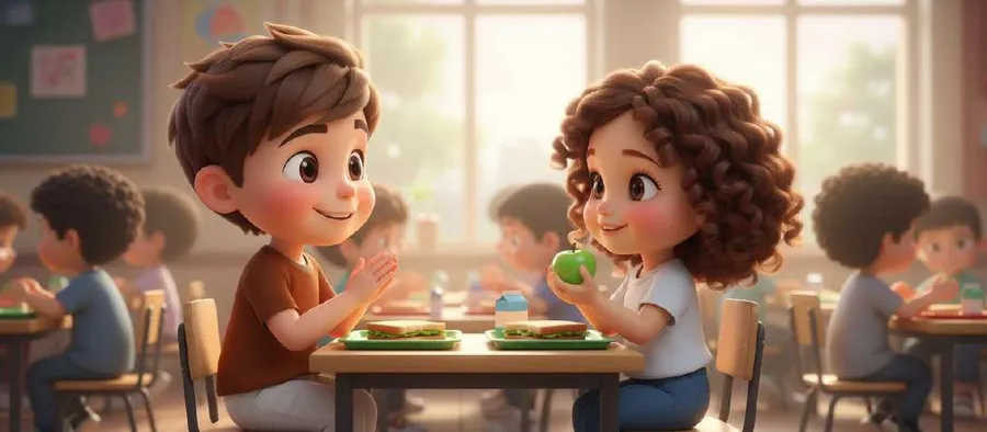Leo y Sofía charlan sonrientes frente a frente durante el almuerzo en el comedor del colegio