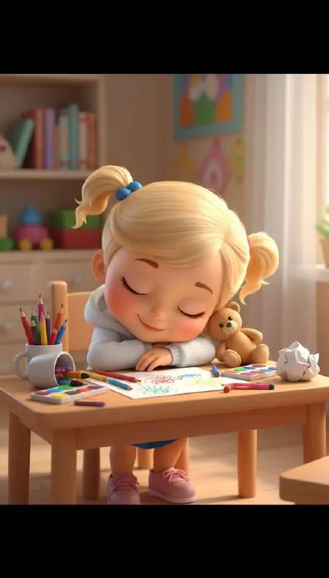 Una niña se ha quedado dormida sobre su mesa en clase, con los lápices de colores alrededor