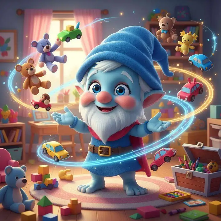 Un mago azul hace levitar juguetes, peluches y coches que vuelan ordenadamente hacia sus cajas en una habitación infantil