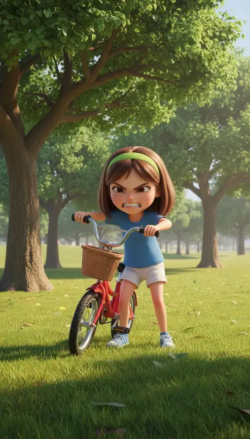 Noa, con el ceño fruncido y los dientes apretados, agarra el manillar de su bici en el parque