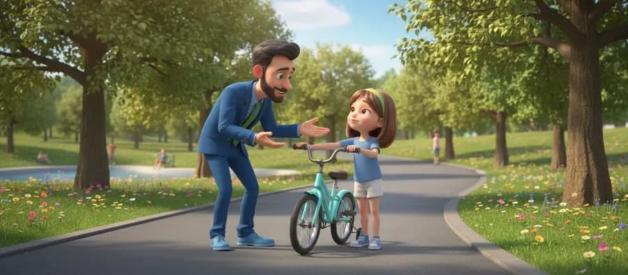 Carlos se agacha en el camino del parque para explicarle a Noa cómo empezar con la bici