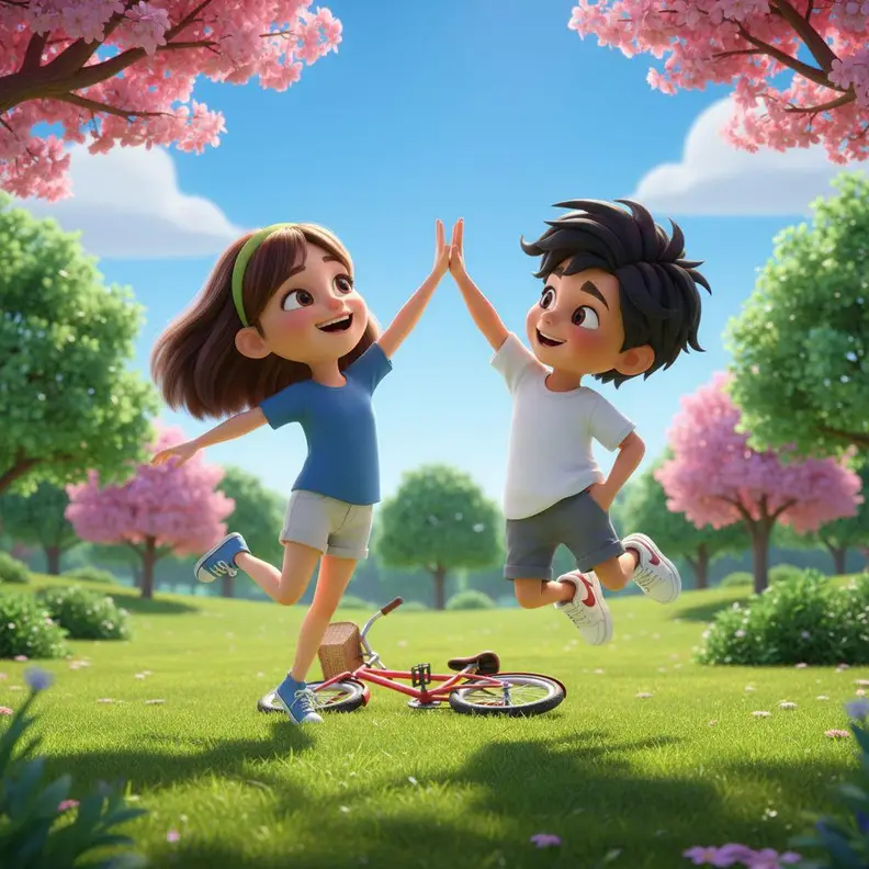 Noa y Miguel chocan las manos de un salto sobre la hierba, con la bici en el suelo