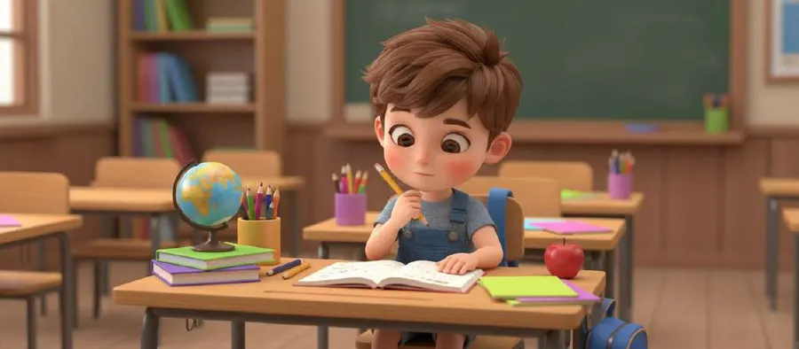 Un niño pensativo apoya la barbilla en la mano frente a un cuaderno abierto en el aula