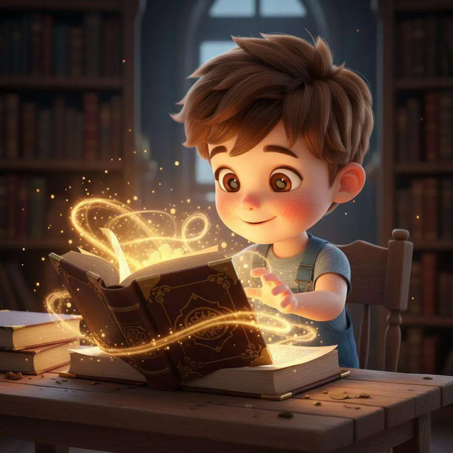 Un niño toca un libro antiguo del que salen espirales de luz dorada en una biblioteca