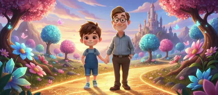 Un niño y su abuelo caminan de la mano por un sendero dorado hacia un castillo entre árboles de colores