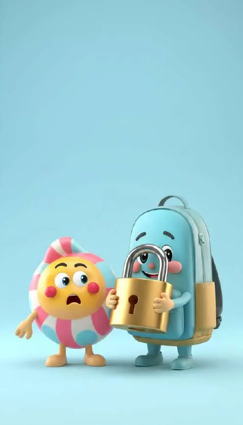 Un caramelo con cara preocupada mira el candado dorado de una mochila azul con ojos