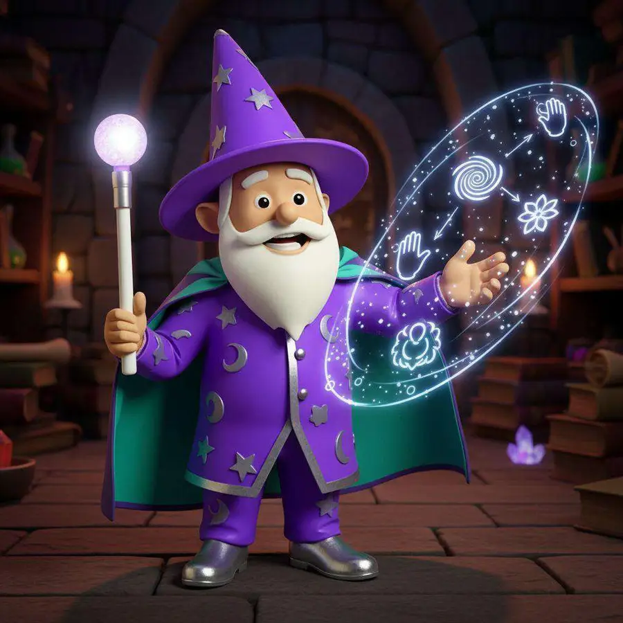 Un mago de túnica morada explica algo señalando un círculo de símbolos luminosos en su taller