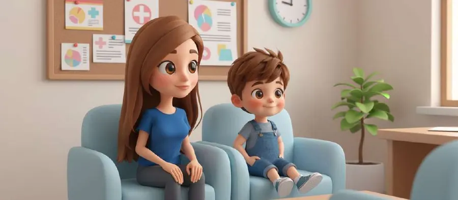 Una madre y su hijo esperan sentados en los sillones de una consulta médica