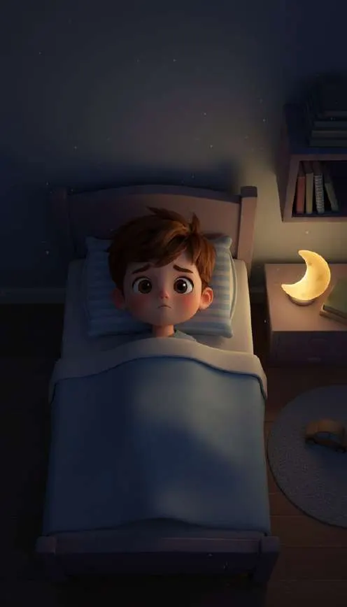 Un niño despierto en su cama a oscuras, con una lamparilla en forma de luna encendida
