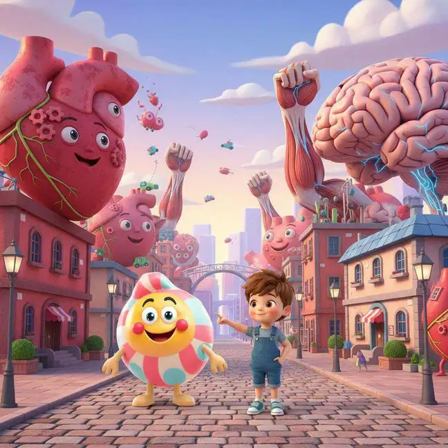 Un niño camina por una calle empedrada dentro del cuerpo, entre edificios con forma de corazón y cerebro