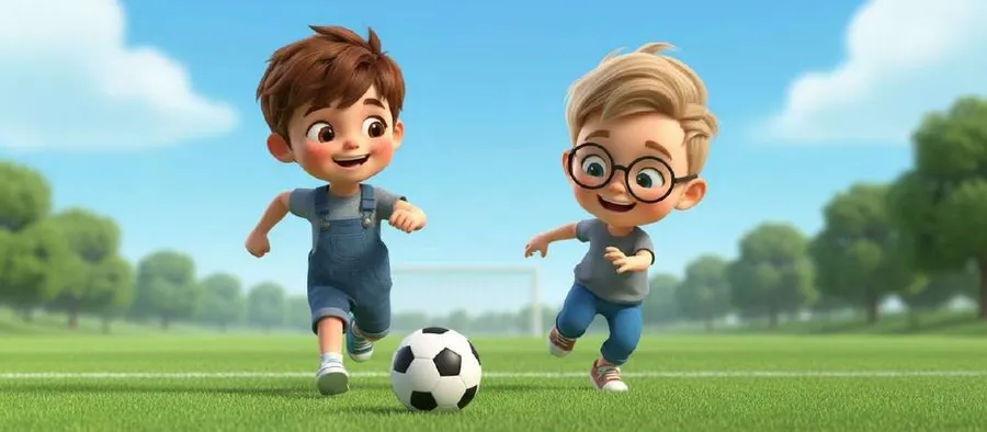 Dos niños corren detrás de un balón de fútbol en un campo de hierba bajo un cielo azul