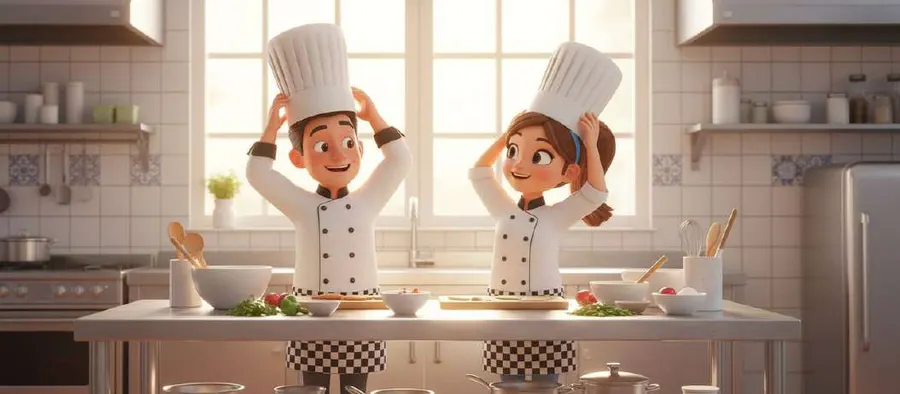 Adrián y Candela se colocan los gorros de chef en una cocina luminosa