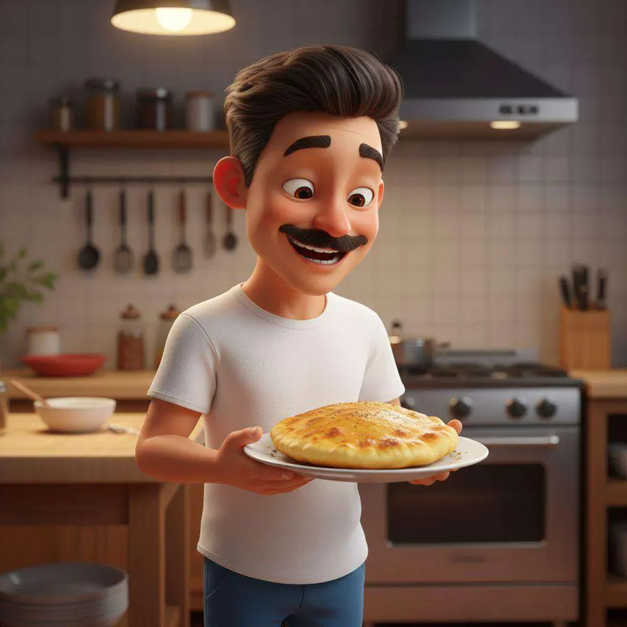 Adrián sostiene orgulloso el plato con la tortilla española recién cuajada