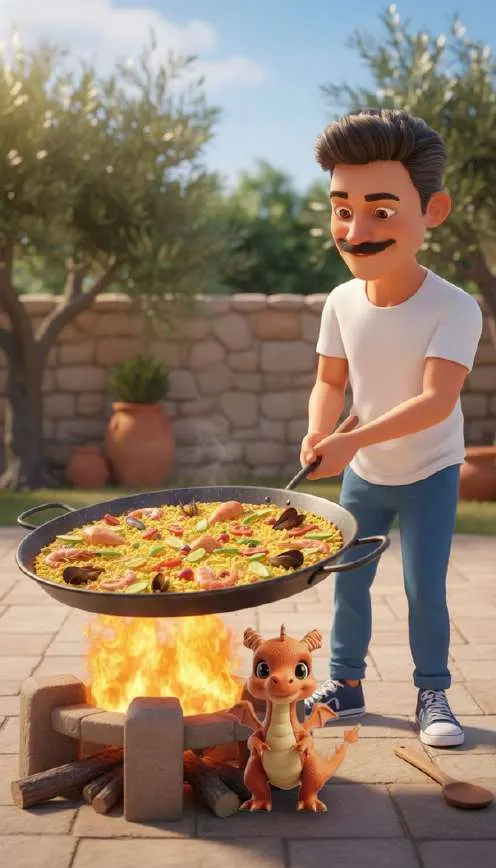Adrián remueve una paella enorme sobre el fuego de leña en el patio, con Flami avivando las llamas