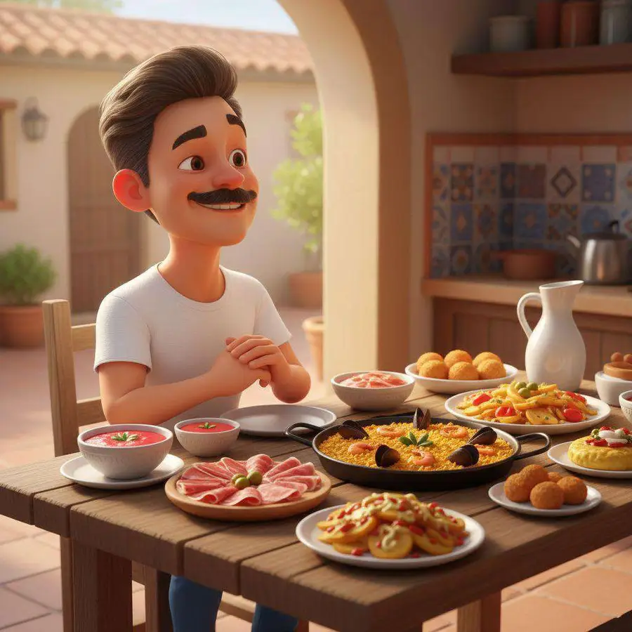 Adrián ante una mesa larga con paella, croquetas, tortilla y varios platos tradicionales