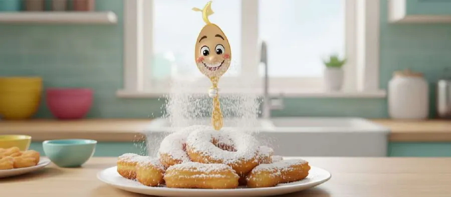 Spoon espolvorea azúcar glas sobre una fuente de paparajotes recién fritos