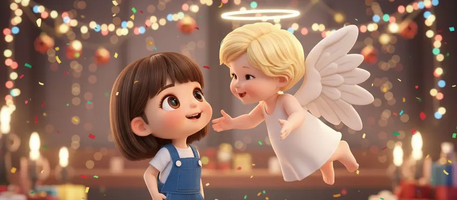 Un ángel diminuto tiende la mano a una niña entre guirnaldas de lucecitas en una calle al anochecer