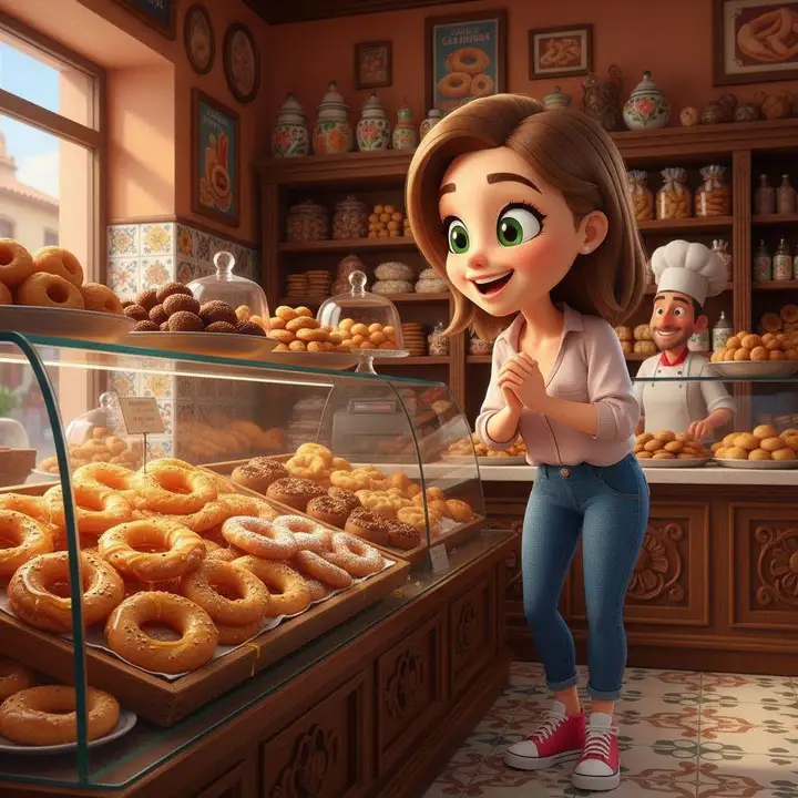Una madre señala emocionada el mostrador de una pastelería antigua repleto de bandejas de dulces recién hechos