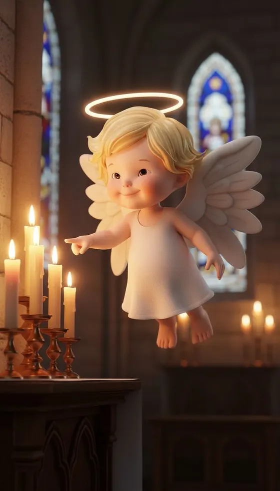 El ángel flota junto al altar de una iglesia silenciosa iluminada por velas y una vidriera azul