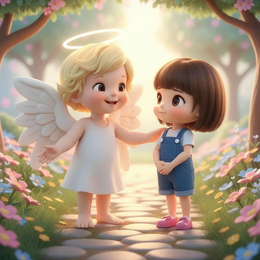 El ángel se despide de la niña en un camino florido bañado por la luz de la mañana