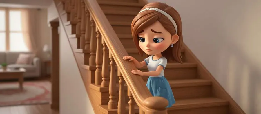Una niña observa desde la escalera de casa hacia el salón, con gesto preocupado