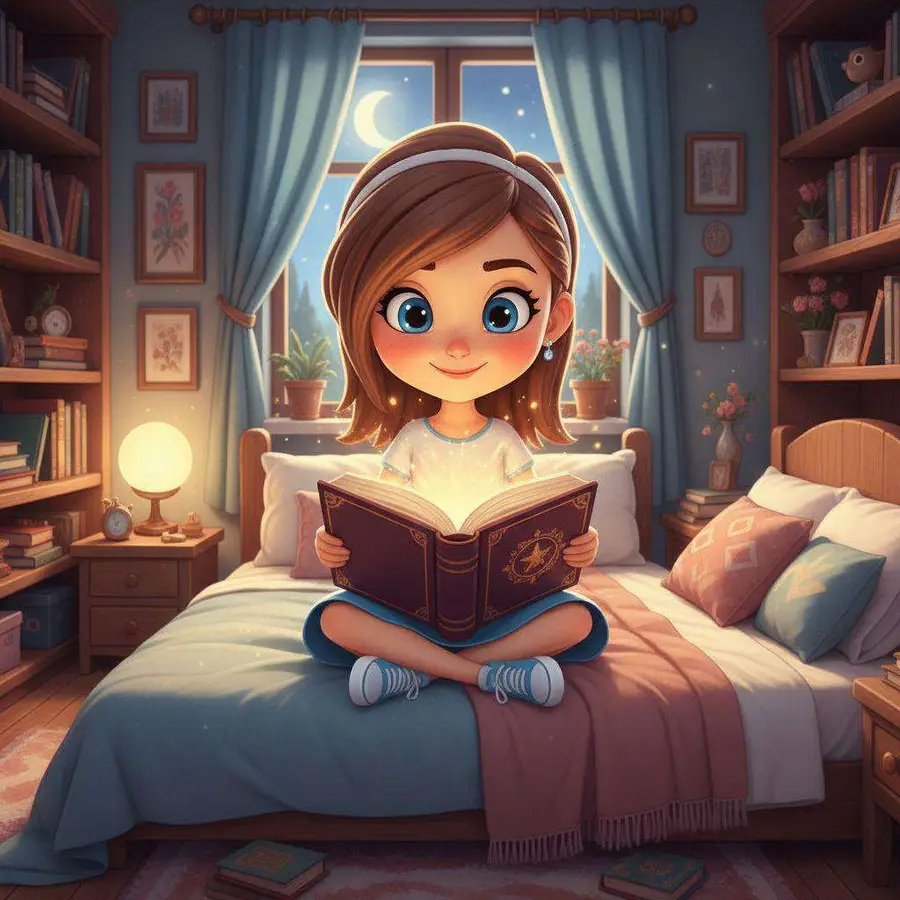 Una niña sentada en su cama sostiene un libro antiguo que despide una luz dorada, con la luna en la ventana