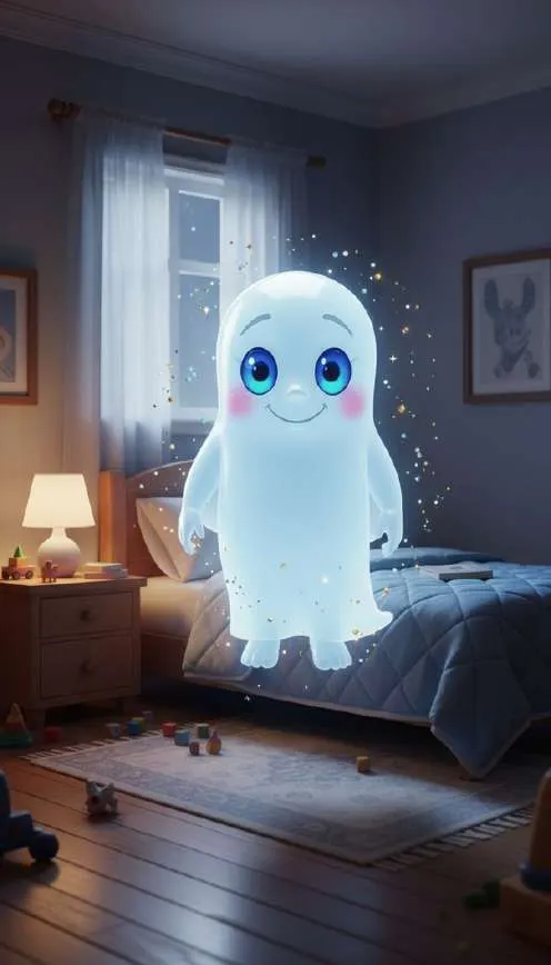 Un fantasma azul y sonriente flota sobre la cama en una habitación infantil a oscuras