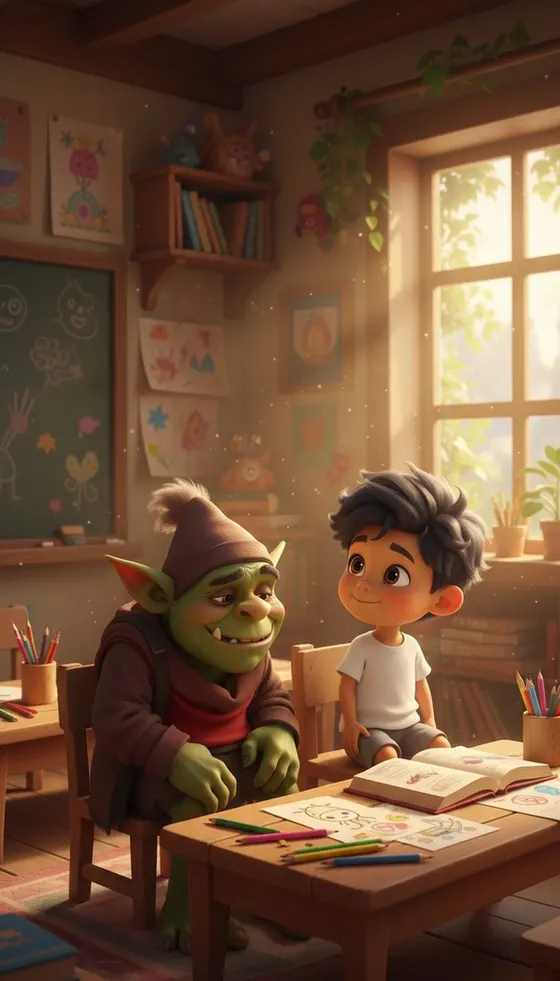 Yuko y Emiliano platican sentados a una mesa del salón llena de colores y cuadernos