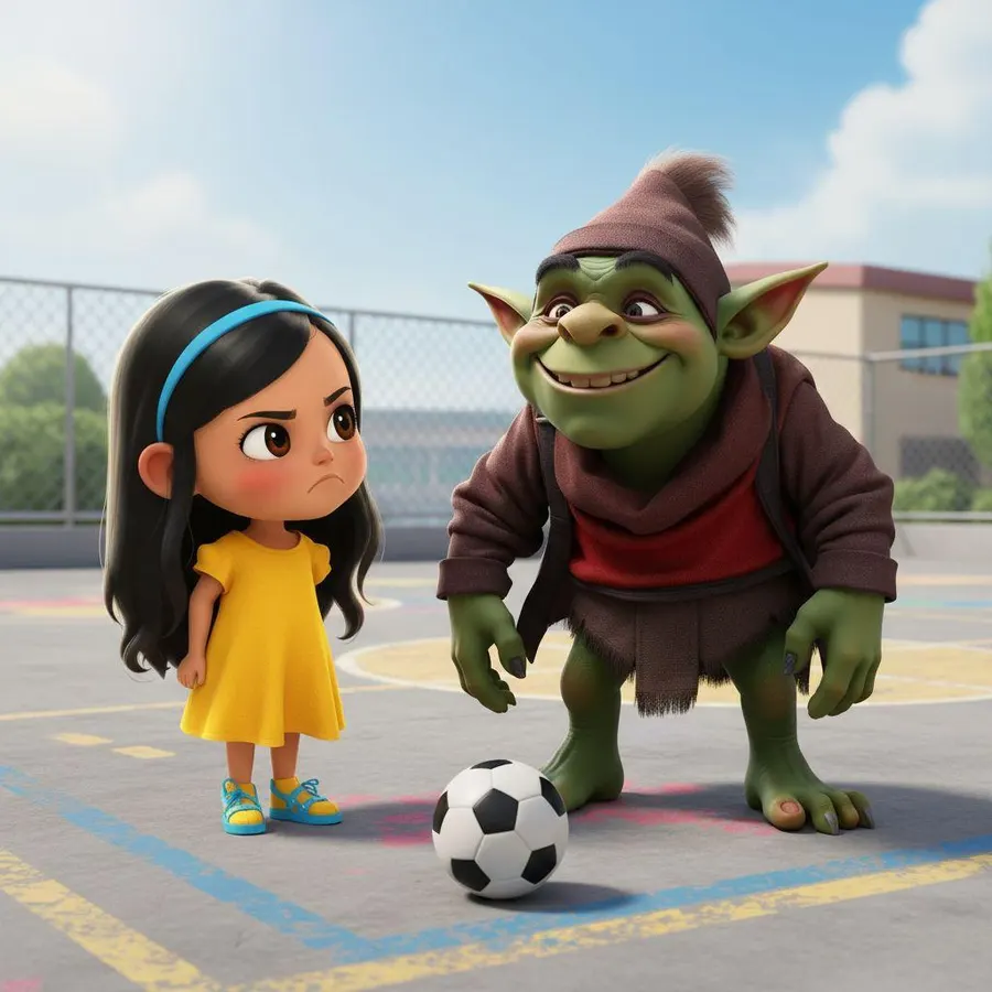 Ximena mira seria a Yuko en la cancha del patio, con el balón entre los dos