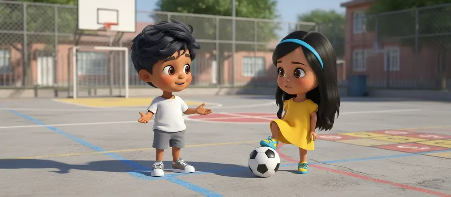 Emiliano le habla a Ximena en la cancha mientras ella detiene el balón con el pie