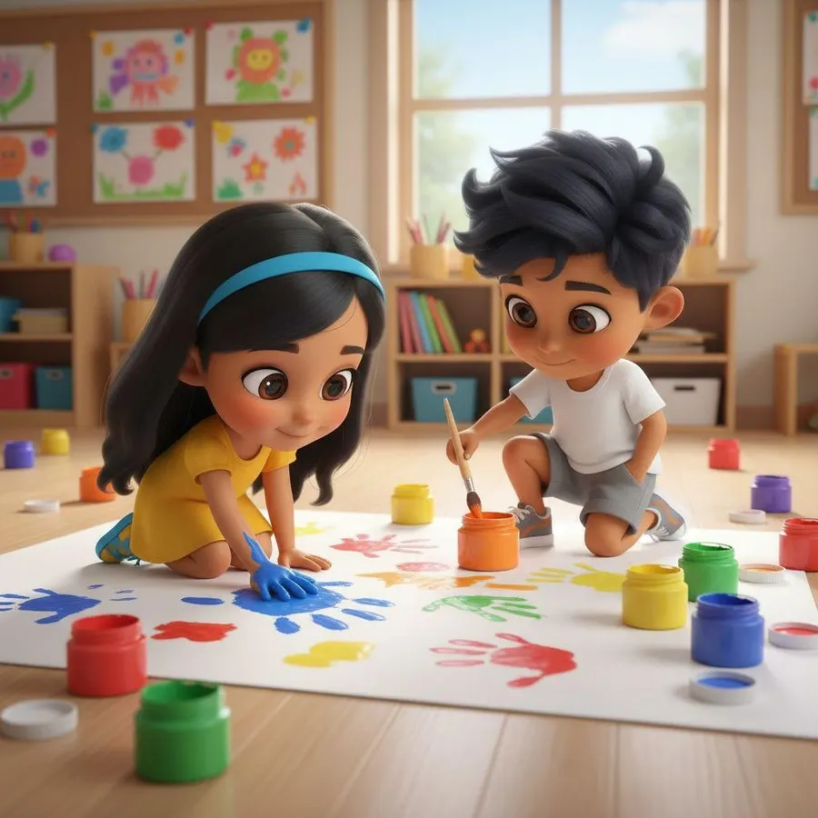 Ximena y Emiliano estampan manos de colores en un papel extendido en el piso