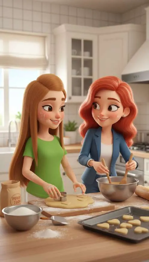 Dos amigas preparan galletas juntas en la cocina, con harina y una bandeja de horno sobre la encimera