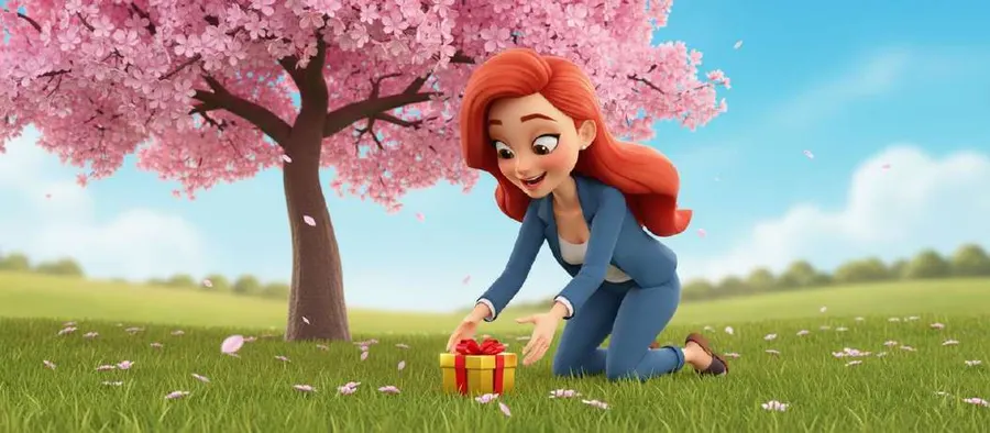 Una mujer se agacha bajo un cerezo en flor para recoger una cajita envuelta con un lazo