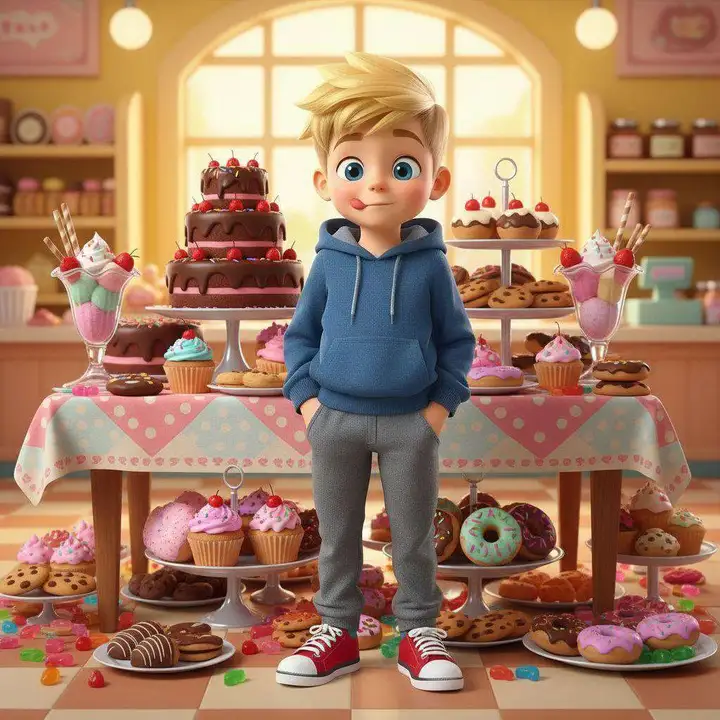 Un niño se relame delante de una mesa de pastelería repleta de tartas, cupcakes, donuts y copas de helado