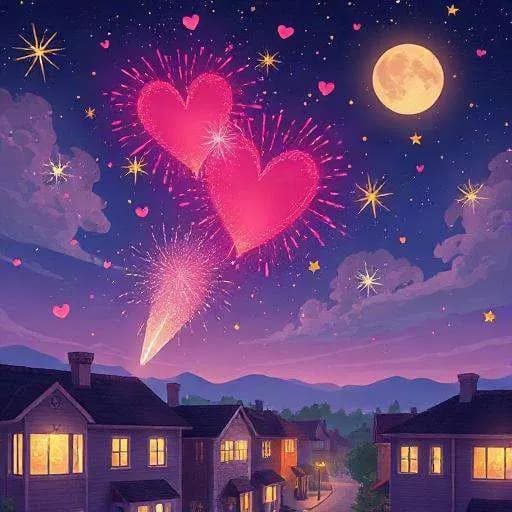 Fuegos artificiales dibujan dos corazones rosas en el cielo nocturno sobre las casas iluminadas de un pueblo