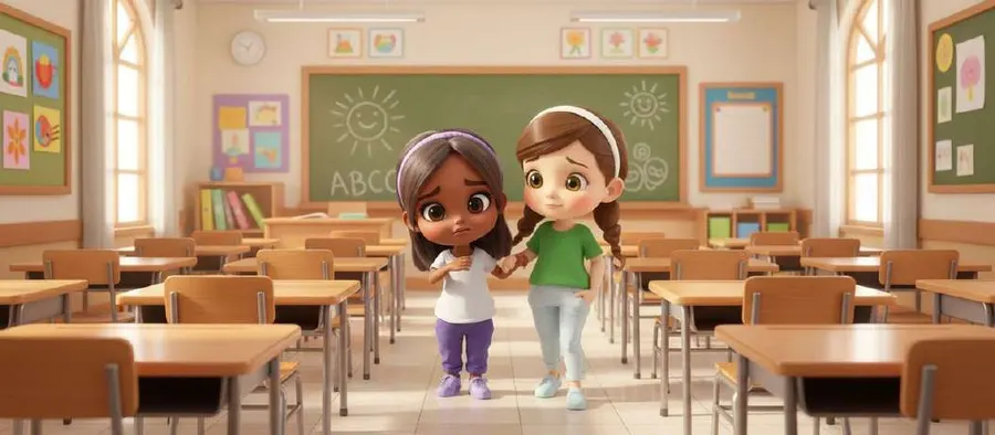 Dos niñas entran cogidas del brazo en un aula vacía llena de pupitres y dibujos en las paredes