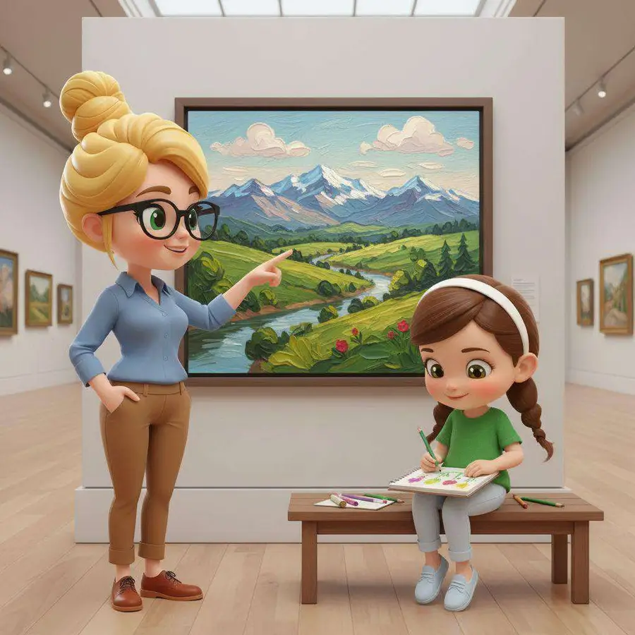 Una profesora señala un cuadro de un paisaje en un museo mientras una niña dibuja sentada en un banco