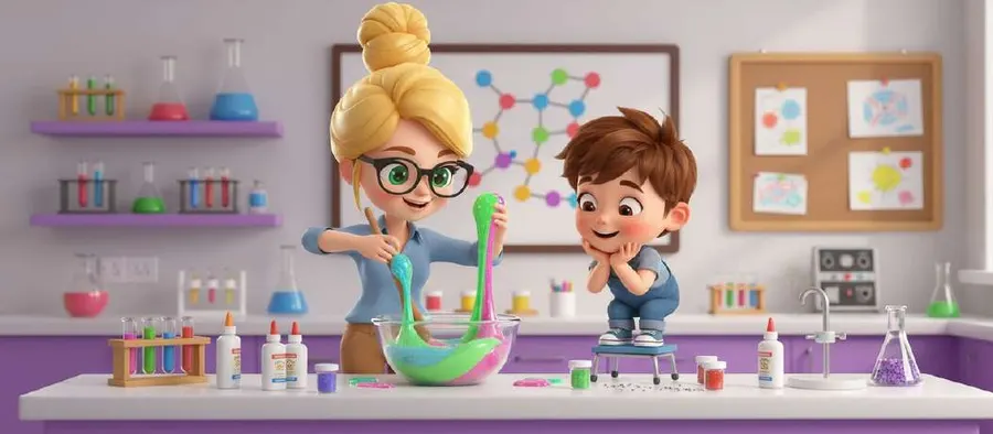 Una profesora mezcla un líquido verde en un cuenco mientras un alumno observa desde el otro lado de la mesa del laboratorio