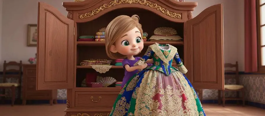 Una niña saca del armario un traje de fallera bordado en azul y crema, con el abanico y las peinetas guardados en el estante