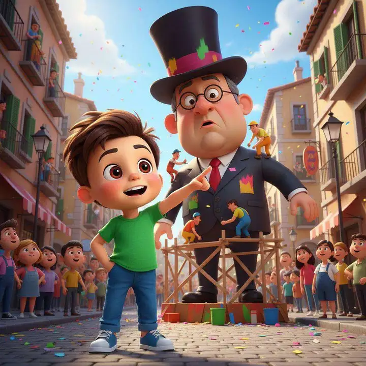 Un niño señala un ninot gigante con chistera y traje que los artistas terminan de montar sobre un andamio, rodeado de vecinos