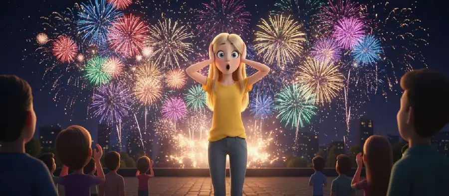 Una niña se tapa los oídos en mitad de una multitud mientras el cielo se llena de fuegos artificiales de colores