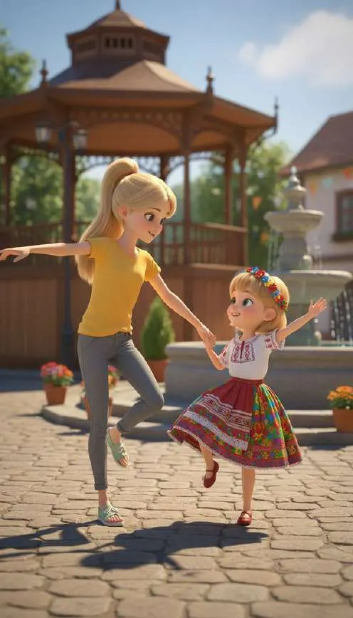 Dos niñas bailan cogidas de las manos junto a un templete, una de ellas con falda de vuelo tradicional
