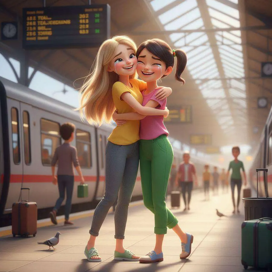 Dos amigas se abrazan en el andén de la estación junto al tren, con las maletas a los pies