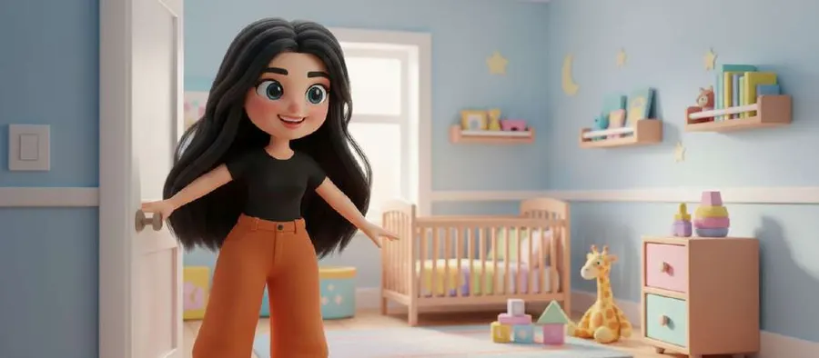 La madre de Valentina abre la puerta del cuarto de juegos, con la cuna, la jirafa de peluche y los cubos de colores dentro