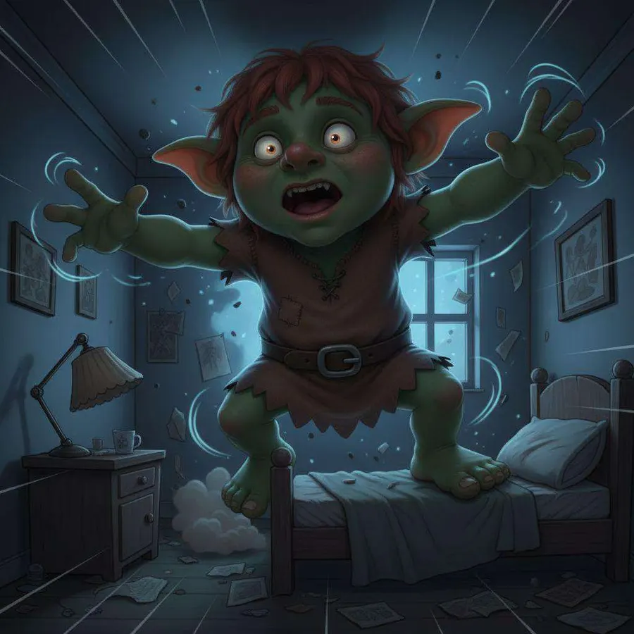 Pinchi, una criatura verde de orejas puntiagudas, se hace enorme sobre la cama en el dormitorio a oscuras