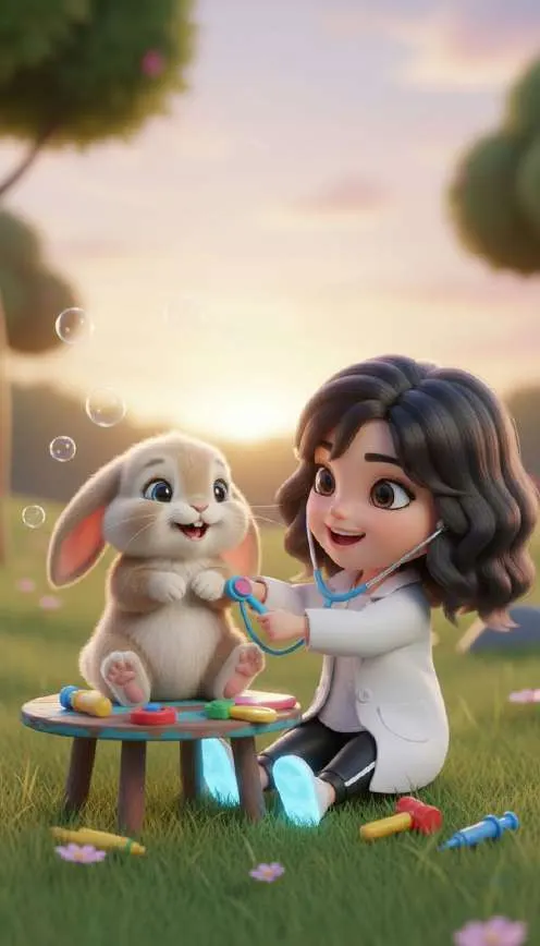 Valentina, con bata de doctora, ausculta a su conejito Piruleta sobre una mesita en el prado al atardecer